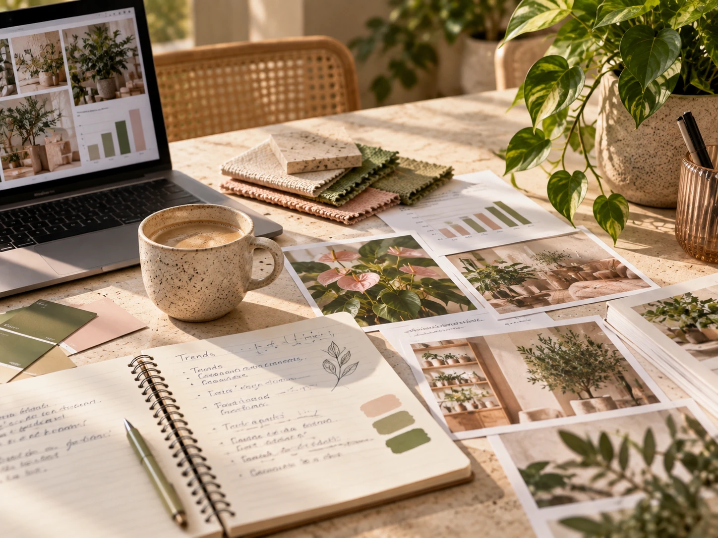 Ontwerptafel met marktbeelden, kleurstalen, materialen en productrichtingen
